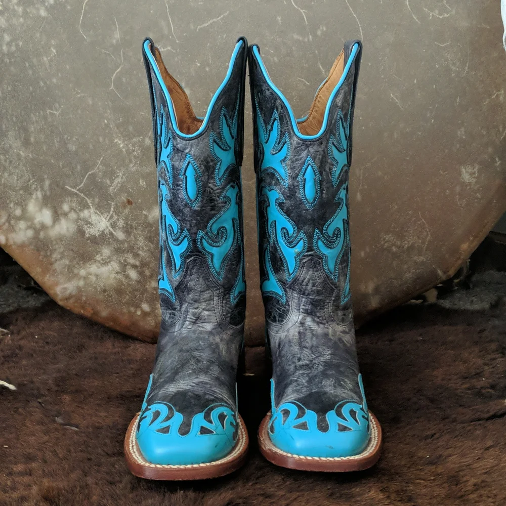 JOHNNY RINGO E1385 charcoal gray & turquoise wing tip boots square toe sz 6.5B - Picture 8 of 16